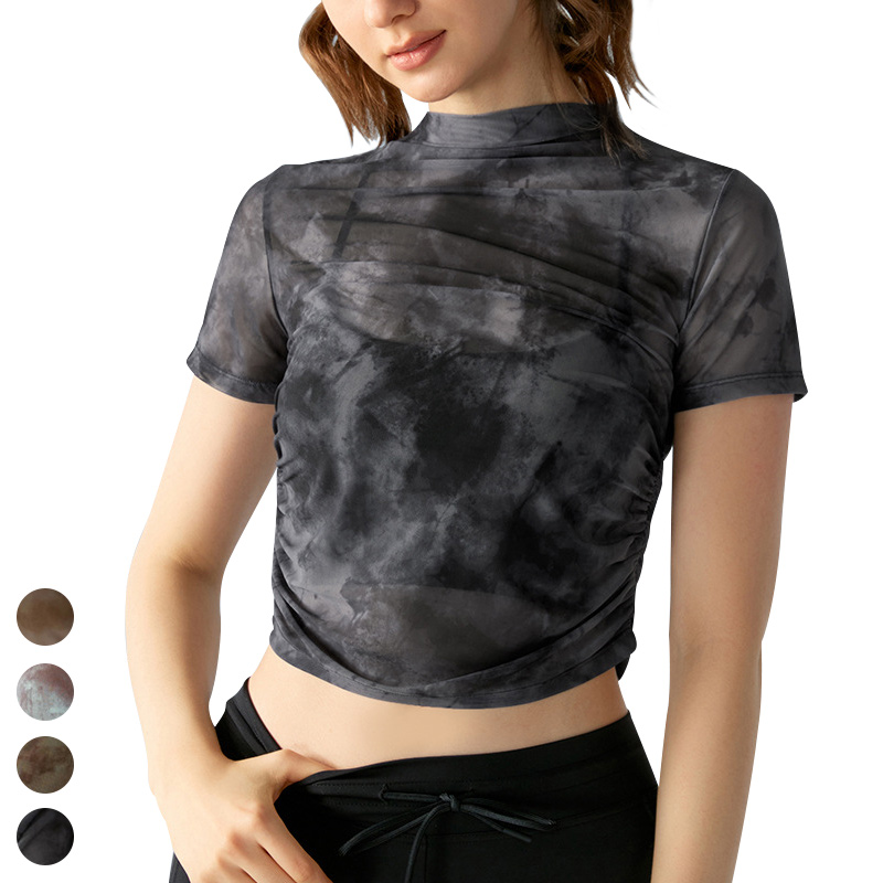 Sexy Sides Pleated Printed Blouse Breathable Mesh Fitness Running Women Clothings Short Sleeve Yoga Tops Sports T Shirt Women