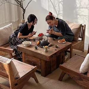 Mesa de Té de Madera de Olmo Estilo Wabi Sabi, Cuadrada, para Jardín Exterior, Acabado Natural, Estilo Zen - Product Image 2