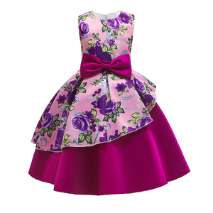 Robe de demoiselle d'honneur en satin de haute qualité, sans manches, imprimé floral, avec nœud décoratif, style pastoral, pour fête d'anniversaire d'enfants - Product Image 1