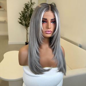 Peluca de Cabello Humano con Frente de Encaje, Color Gris Plateado con Reflejos en la Parte Delantera, Ondulado Natural, Cabello Remy Pre-Depilado, Nudos Pequeños, Liso, Transparente - Product Image 3
