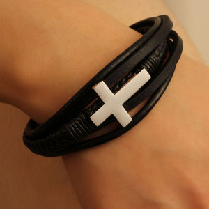 Cross Stainless Bracelet with Clasp Leather <b>Men</b> Bracelet - Product Image 2