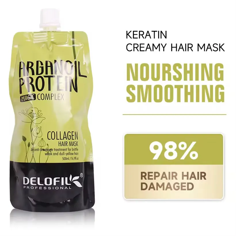 DELOFIL Logo pribadi Label khusus masker rambut Keratin Brazil perawatan penyegar 500ml perbaikan masker rambut kolagen rusak