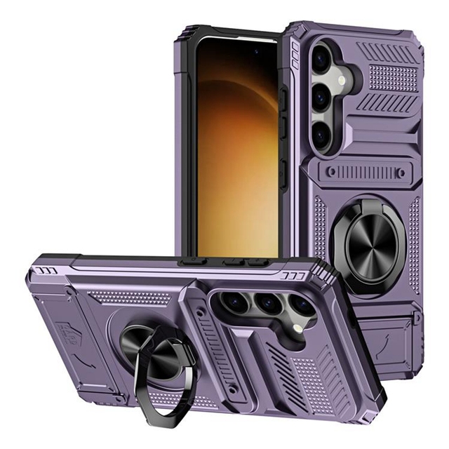 Rugged Hard Shockproof 360 Metal Ring Holder ID Card Slot Armour Back Cover Case for Samsung S24 Ultra S23 S22 Pro FE Shell