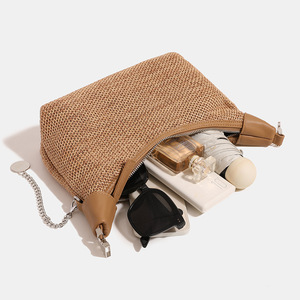 Sac fourre-tout polyvalent en lin haut de gamme avec fermeture éclair pour femme, idéal pour l'été, la plage, les voyages et les <span class=keywords><strong>vacances</strong></span>, sac à bandoulière avec chaîne - Product Image 4