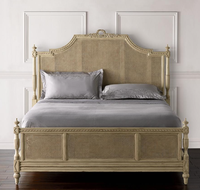 Lit King Size en Bois Massif et Rotin, Style Rétro Français, Meuble de Chambre Villa, Lavable, Personnalisable, Grande Surface, Vente Chaude