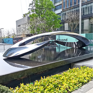 Fontaine extérieure en acier inoxydable, design contemporain, finition miroir, sculpture d'art paysager urbain - Product Image 1