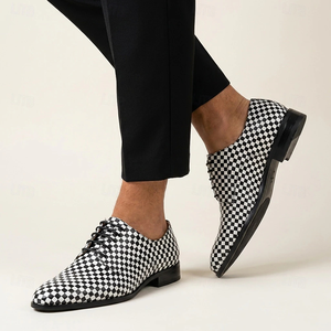 Zapatos Oxford de cuero genuino con diseño de tablero de ajedrez blanco y negro, con cordones, punta redonda y suela de goma, para hombre, para oficina, bodas y fiestas. - Product Image 1