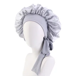 Bonnet de cheveux en Satin de soie réglable avec Logo personnalisé, grande bande de bord de cravate, Bonnets de cheveux de sommeil, Bonnets de cheveux en Satin avec Logo personnalisé