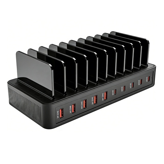 Multi Device Desktop Charging Station 10 USB Ports Fast Charger with Organizer Stand Complete Safety Protection for Workspace