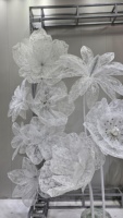 W-09 Grande fleur de pivoine géante en organza transparent brodée de dentelle blanche pour toile de fond de scène de mariage, décoration de lieu, ornement de vitrine