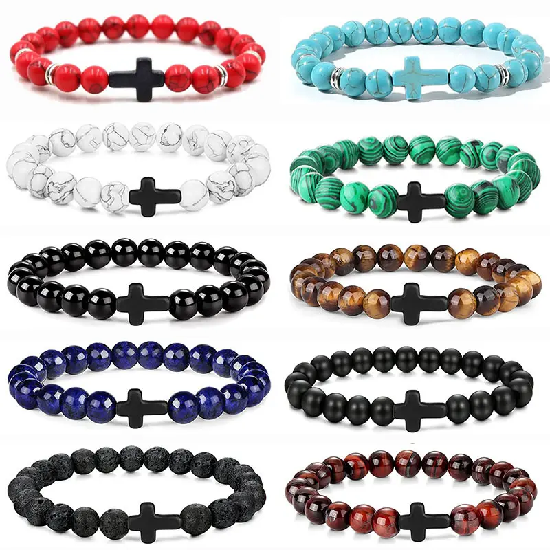 Vintage Elastische Natuurlijke Lava Tijgeroog Steen Zaad Kralen Kruis Vriendschap Bedelarmband Vrouwen Mannen Turquoise Agaat Armband