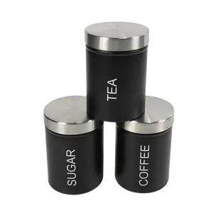 Modern Black Metal Food Storage Canister Jar Container Coffee Sugar Tea 3 Pieces Canister Set