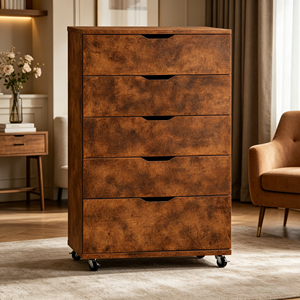 5-<strong>Drawer</strong> Mobile Rolling File Cabinet, Brown Wooden Storage <strong>Drawer</strong> Unit with Wheels for Home Office Organization - Product Image 1