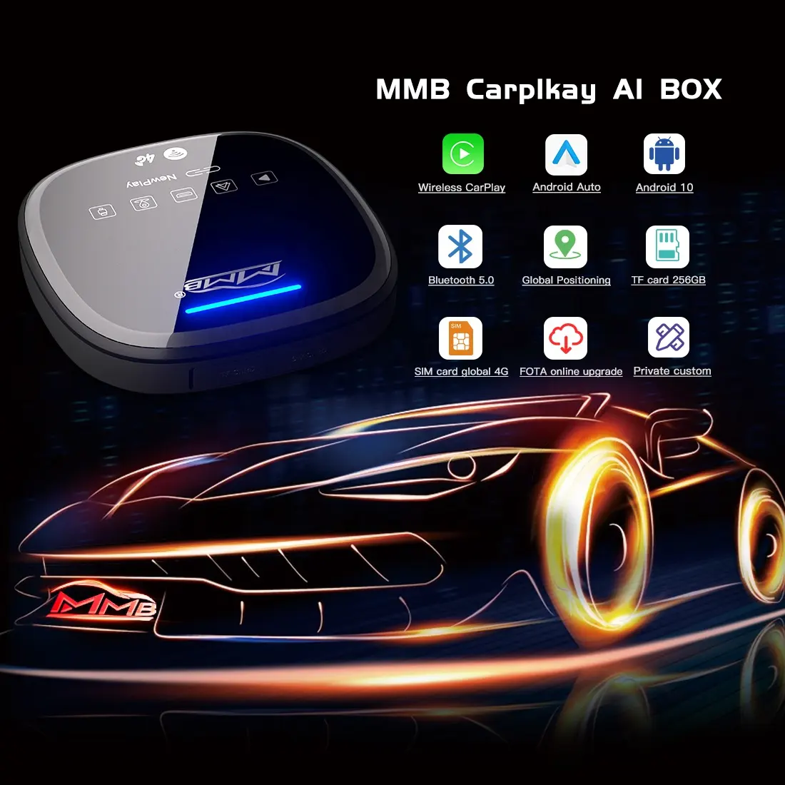 Joyeauto Bộ Chuyển Đổi CarPlay Không Dây MMB Carplay Ai Box Android 10 Carplay 4 + 64GB Kèm Thẻ SIM