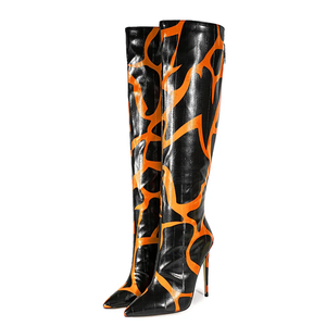 Big Size 47 Thin <b>High</b> Heels Wide Fit Long Boots Back Zipper Dress Shoes Women's Casual Pattern Print <b>Knee</b> <b>High</b> Booties - Product Image 2