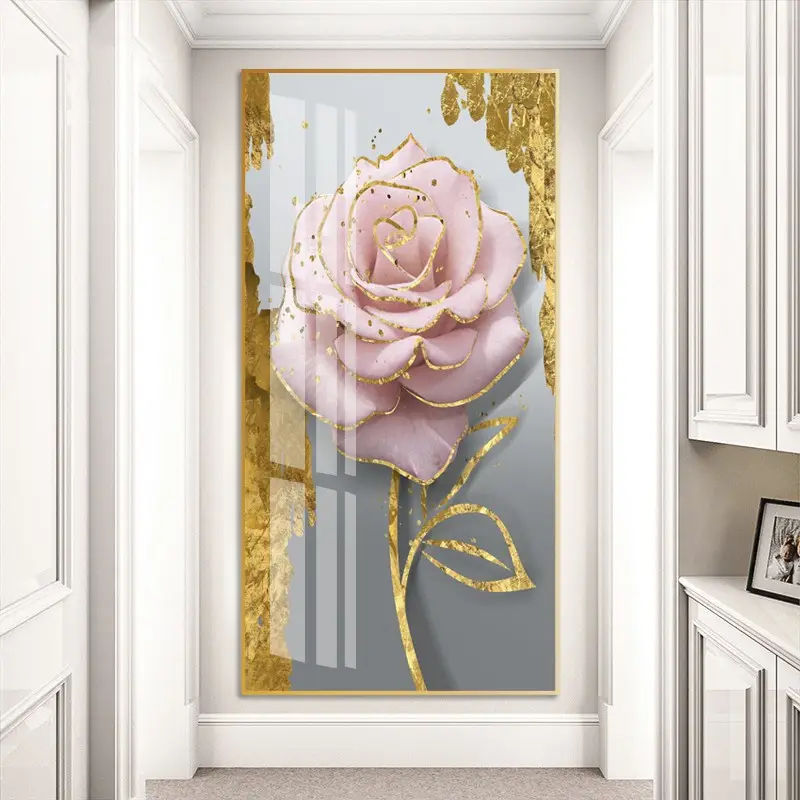 Aangepaste Roze Gouden Bloemenschilderijen Muurkunst Kristallen Porseleinen Frame Stilleven Andere Muurschildering Voor Huisdecoratie