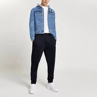 Jaket Pria Kustom OEM Grosir Pabrik Jaket Denim Bertudung dengan Tali Serut Yang Dapat Dilepas Lengan Panjang Robek Biru