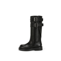 Bottes noires vintage de style motard à talon épais, à double boucle, hauteur genou, antidérapantes pour femmes