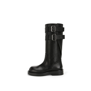 Bottines mi-mollet pour femmes, style moto vintage noir, couleur unie, talon épais, double boucle - Product Image 6