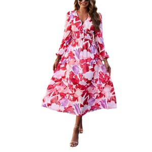 Vestido Floral con Cuello en V para Mujer, Estilo Europeo y Estadounidense, Verano 2026, Comercio Exterior, Vestido Estampado Informal para Vacaciones - Product Image 3