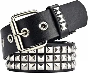 Groothandel Metalen Punk Rock Klinknagel Riem Met Heldere Piramide Pu Lederen Draden Studs Zwarte Gothic Riem Voor Dames Heren