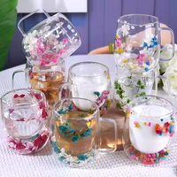 Tasse à café en verre borosilicate transparent personnalisée avec paille, ensemble de tasses à double paroi en verre avec fleurs séchées