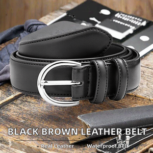 Nuevo Cinturón Casual de Cuero Vacuno Negro Marrón con Hebilla Metálica de Cierre Automático Plateada, Impermeable y Duradero para Hombre - Product Image 2