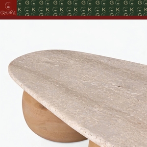 Mesa <span class=keywords><strong>de</strong></span> Centro Escandinava GOLDKING <span class=keywords><strong>de</strong></span> Travertino con Base <span class=keywords><strong>de</strong></span> Madera y Orificios Naturales, OEM ODM Directo - Product Image 4