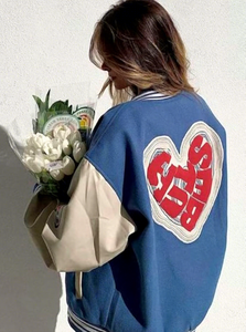 Men's Blue Varsity <b>Jacket</b> With Cream Sleeves Stand Collar Casual <b>Fleece</b> Design Outerwear Autumn Wear Regular Fit Button Closure - Product Image 3