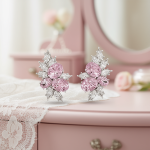 Pendientes de flor rosa E2835 con gema rosa de corte ovalado y engaste de garra para mujer, joyería romántica de aleación para fiesta - Product Image 2