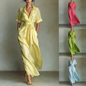 2026 New French Vacation Style V-Neck Elegant Retro Casual Solid Color <b>Waist</b> Slimming <b>Dress</b> - Product Image 2