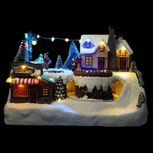 Xmas Seasonal Led Mountain Rotating Train And Tree Scene Fiber Optic Polyresin Christmas Village For Holiday Indoor Decor