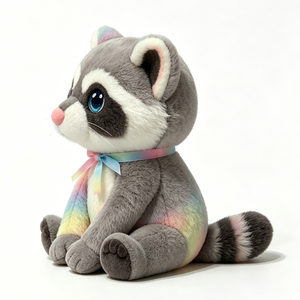Peluche de Mapache Enmascarado Gris, Mapache de Bosque de Peluche con Brazos en Degradado Arcoíris Pastel y Lazo de Cinta de Satén Ombré, Azul Brillante Grande - Product Image 1