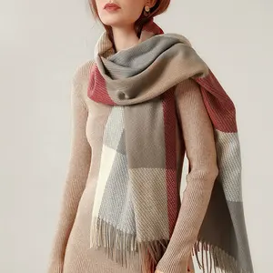 Lenço de inverno para mulheres, xadrez e cachecol 100% cordeiro de lã hijab, grosso, quente, cachecol, poncho pashmina com borla, caxemira