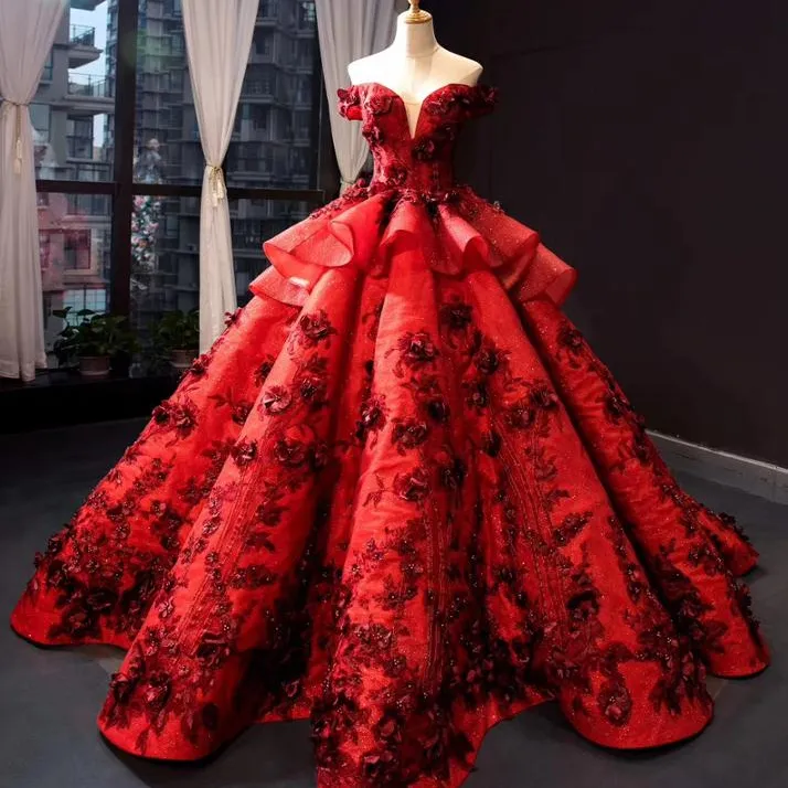 Ball Gown 3D flower Red off- shoulder evening dress lace big ball gown bride dress for wedding & party