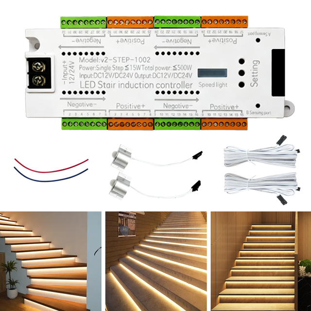 SXZM Hot Selling 32 Channel Pir Motion Sensor DC12V 24V 500W Smart Led Stair Induction Controller Adjustable Step Light System