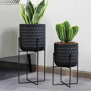 Ensemble de 2 pots de fleurs en métal noir pour jardin, jardinière décorative pour balcon intérieur, pots au design en relief élégant pour le salon