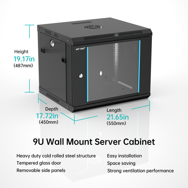 MT-VIKI 9U Wall Mount Server Cabinet Network Rack Vented Enclosure, 0.8mm Thick, 17.7'' Deep (450mm), for 19'' IT Equipment