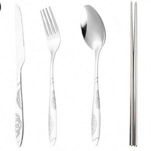 Juego de cubiertos de acero inoxidable de cinco piezas estilo chino nuevo con bolsa de tela, cuchillo y tenedor para carne con acabado cepillado, para exportación. - Product Image 1