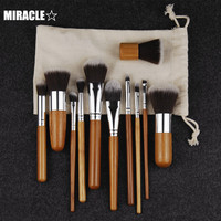 Kuas Makeup Bulu Sintetis Vegan Bambu Alami Berkualitas Tinggi 11pcs Set Kuas Makeup Smudge Gagang Bambu dengan Kantong Katun