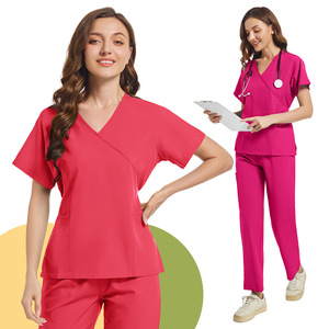 Women <b>Scrub</b> Set V-Neck Short Sleeve Moisture Wicking Knitted Uniform Hospital Workwear Split Set For Medical Beauty Salon - Product Image 4