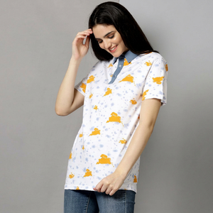 เสื้อโปโลสีขาวสำหรับผู้หญิง พิมพ์ลายสีเหลือง แขนสั้น ทรงปกติ สวมใส่สบายๆ สำหรับฤดูใบไม้ผลิและฤดูร้อน ผ้าทอระบายอากาศได้ดี - Product Image 1