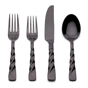 Ensemble de couverts de luxe torsadés finition miroir noir, en acier inoxydable moderne, ustensiles de table élégants pour la maison et les réceptions - Product Image 1