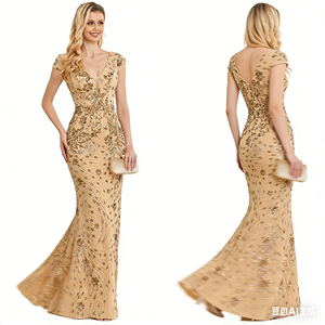 Elegante Abito da Sposa/Cerimonia Lungo con Scollo a V Senza Maniche, Stile Sirena con Paillettes, in Organza, per Maternità - Product Image 3