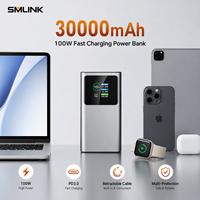 Batterie externe 30000mAh 100W à charge rapide avec câble rétractable pour ordinateur portable, smartphone, montre connectée OEM ODM