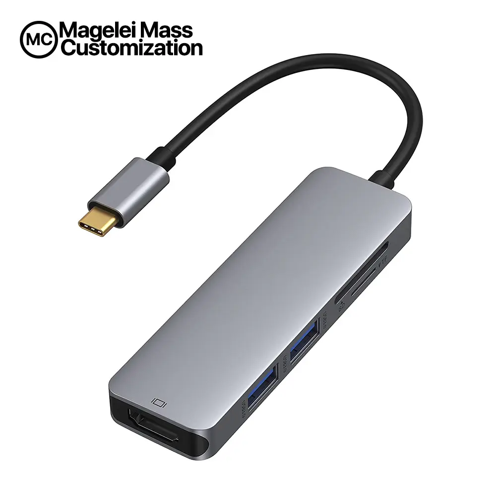 Magelei Alumínio 5-em-1 Hubs USB C com 4K USB C+HDMI + 2 USB 3.0 Portas+PD/TF para Laptop