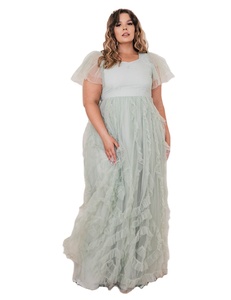 2022 Autumn Casual Elegant Custom Women Flutter Sleeve <strong>White</strong> <strong>Lace</strong> Tulle Plus Size Maxi <strong>Dress</strong> - Product Image 1