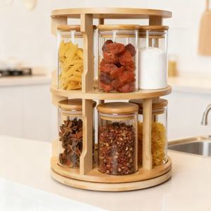 360 °   Rak Bambu Putar dengan Stoples Kaca Kedap Udara untuk Menyimpan Makanan, Rempah-rempah, Kopi, Teh, dan Gula di Dapur - Product Image 6