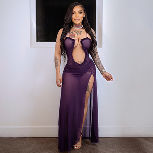 Nuevo Europeo Americano erótico y apasionado seductor plisado Slit Sexy Spicy Girl mujeres ver a través del vestido - Product Image 2