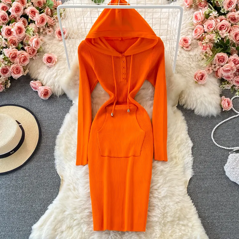 Hooded Sweater Dress Women's Autumn 2021 New Waist Slimming Slim Knit Dress Long Sleeve Elastic Hip Elegant Casual Dresses